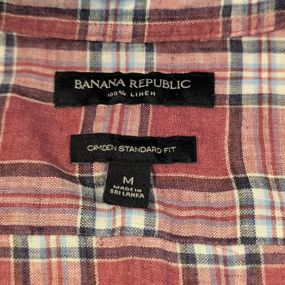 Banana Republic Men's Medium Linen Camden Standard Fit Short Sleeve Plaid Shirt